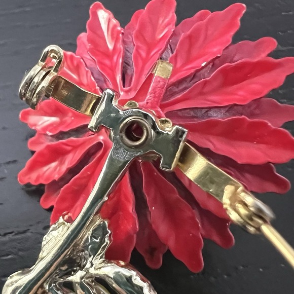 Vintage Red Enamel Rhinestone Gold Toned Flower Brooch Pin 1960's MCM Retro 2" - Picture 12 of 13